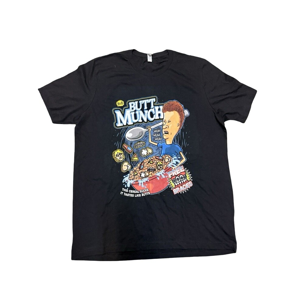 BUTT-HEAD BLACK T-SHIRT BUTT MUNCH CEREAL  BEAVIS AND BUTTHEAD CARTOON COMEDY Xl